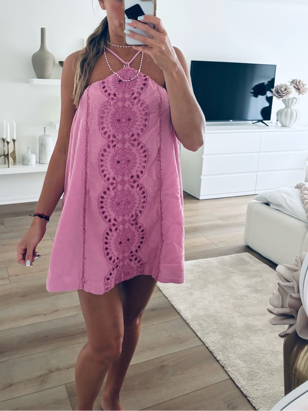 Free People Pink Eyelet Halter Mini Dress